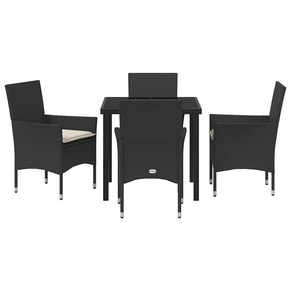 Tuin eettafelset met kussen 5 pcs Zwart poly rattan