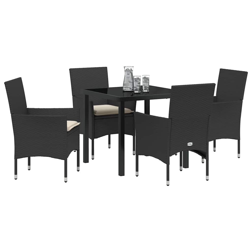 Tuin eettafelset met kussen 5 pcs Zwart poly rattan