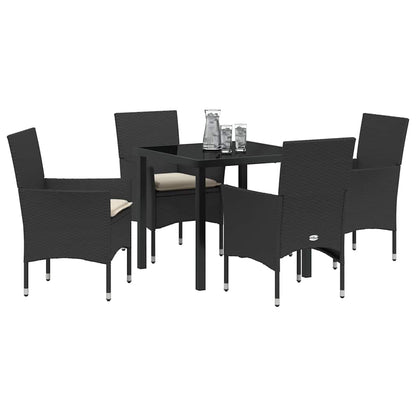 Tuin eettafelset met kussen 5 pcs Zwart poly rattan