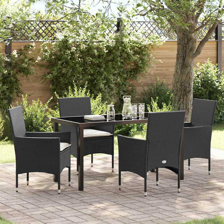 Tuin eettafelset met kussen 5 pcs Zwart poly rattan