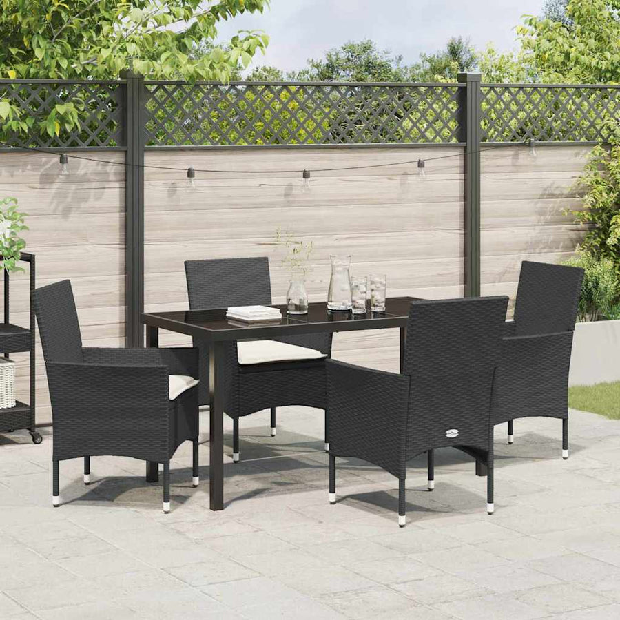 Tuin eettafelset met kussen 5 pcs Zwart poly rattan
