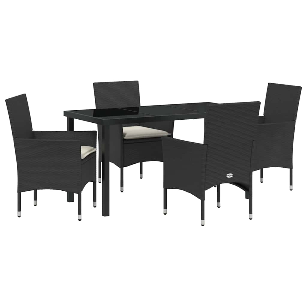 Tuin eettafelset met kussen 5 pcs Zwart poly rattan