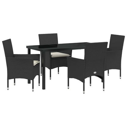 Tuin eettafelset met kussen 5 pcs Zwart poly rattan