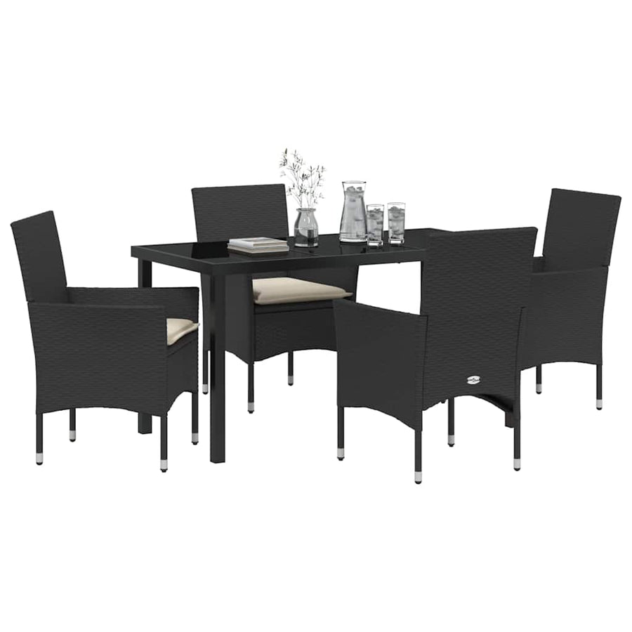 Tuin eettafelset met kussen 5 pcs Zwart poly rattan