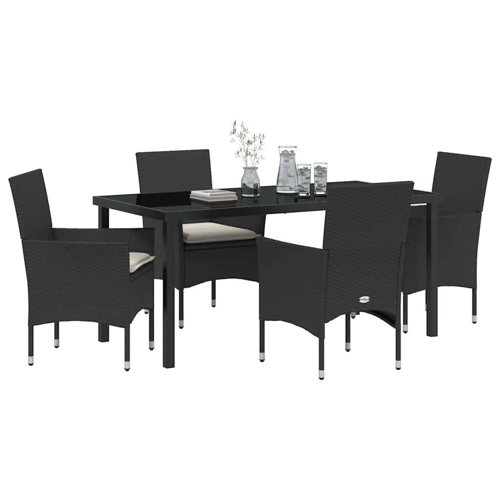 Tuin eettafelset met kussen 5 pcs Zwart poly rattan