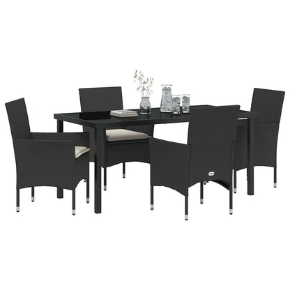 Tuin eettafelset met kussen 5 pcs Zwart poly rattan