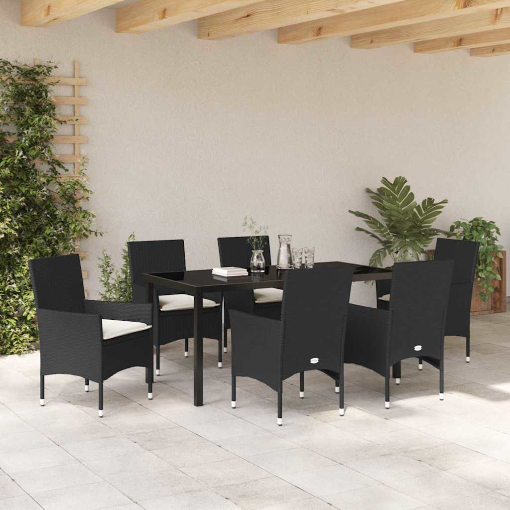Tuin eettafelset met kussen 7 pcs Zwart poly rattan