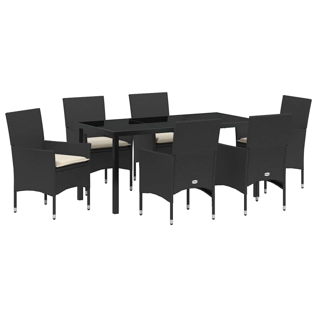 Tuin eettafelset met kussen 7 pcs Zwart poly rattan