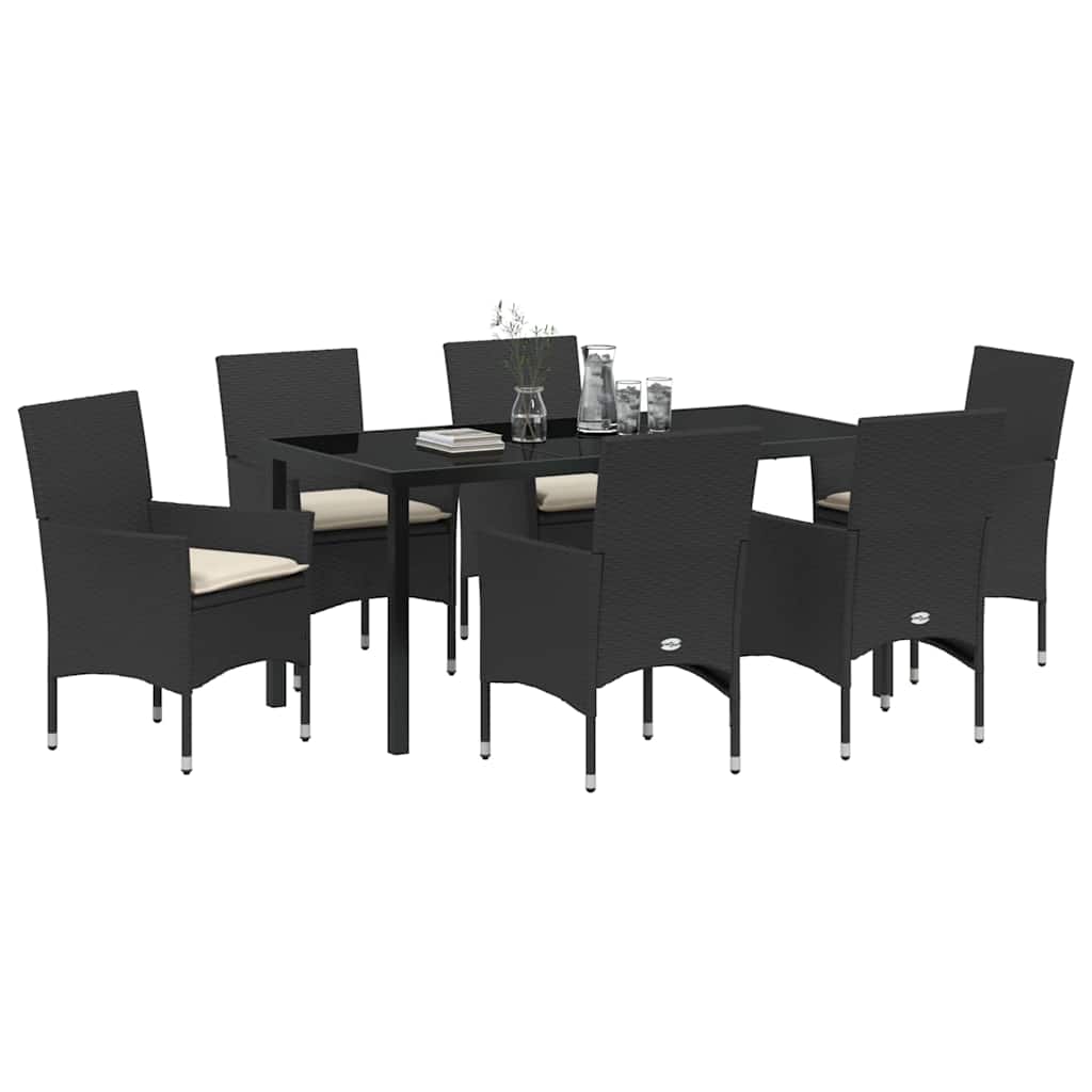 Tuin eettafelset met kussen 7 pcs Zwart poly rattan