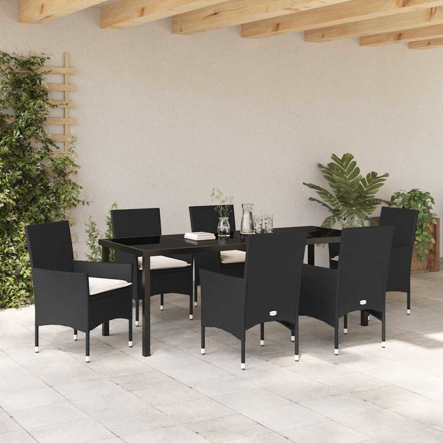 Tuin eettafelset met kussen 7 pcs Zwart poly rattan