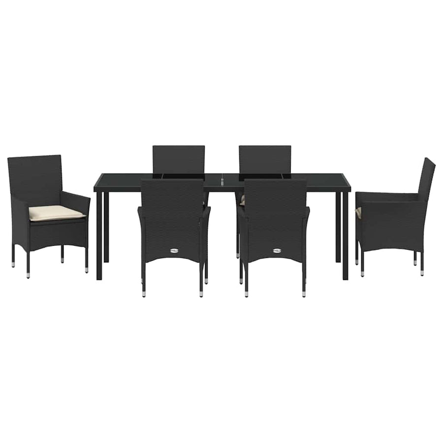 Tuin eettafelset met kussen 7 pcs Zwart poly rattan