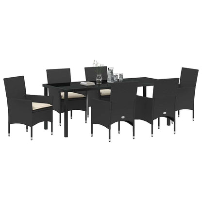 Tuin eettafelset met kussen 7 pcs Zwart poly rattan