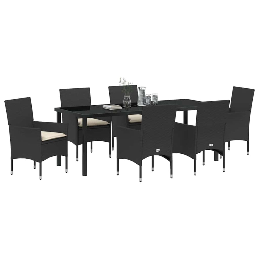Tuin eettafelset met kussen 7 pcs Zwart poly rattan