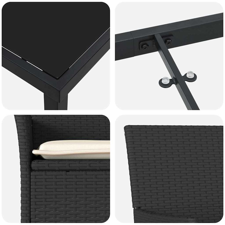 Tuin eettafelset met kussen 9 pcs Zwart poly rattan