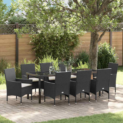 Tuin eettafelset met kussen 9 pcs Zwart poly rattan