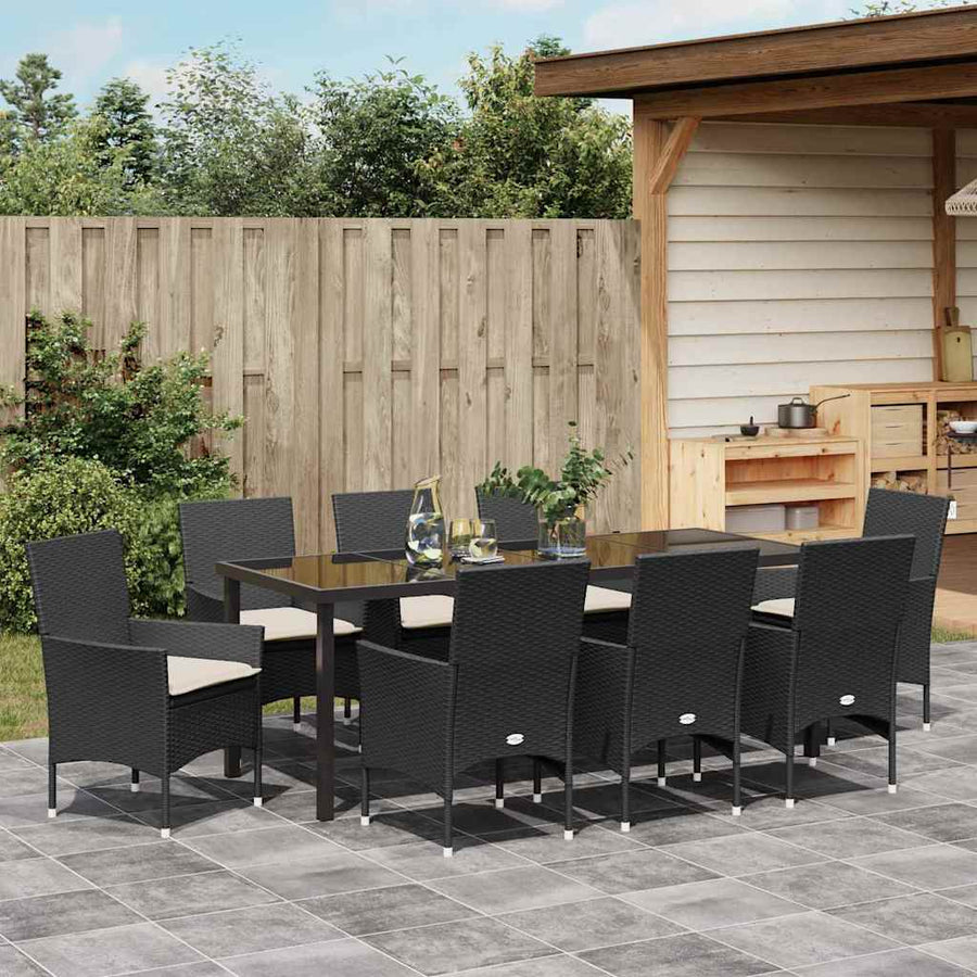 Tuin eettafelset met kussen 9 pcs Zwart poly rattan