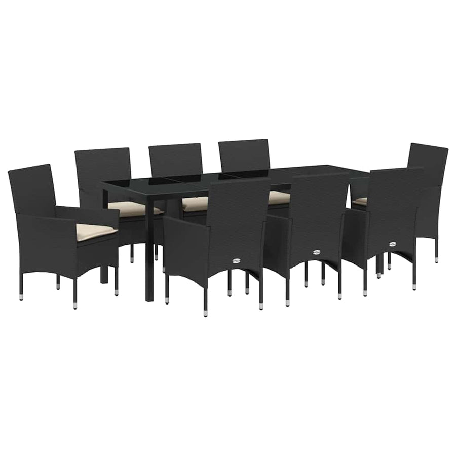 Tuin eettafelset met kussen 9 pcs Zwart poly rattan