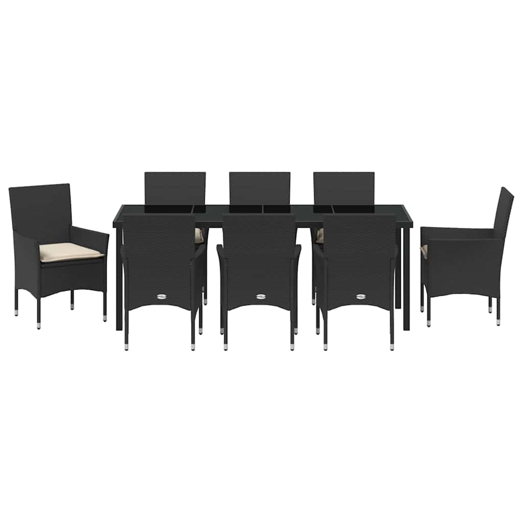 Tuin eettafelset met kussen 9 pcs Zwart poly rattan