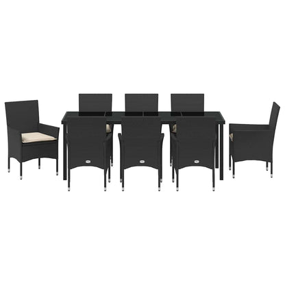 Tuin eettafelset met kussen 9 pcs Zwart poly rattan