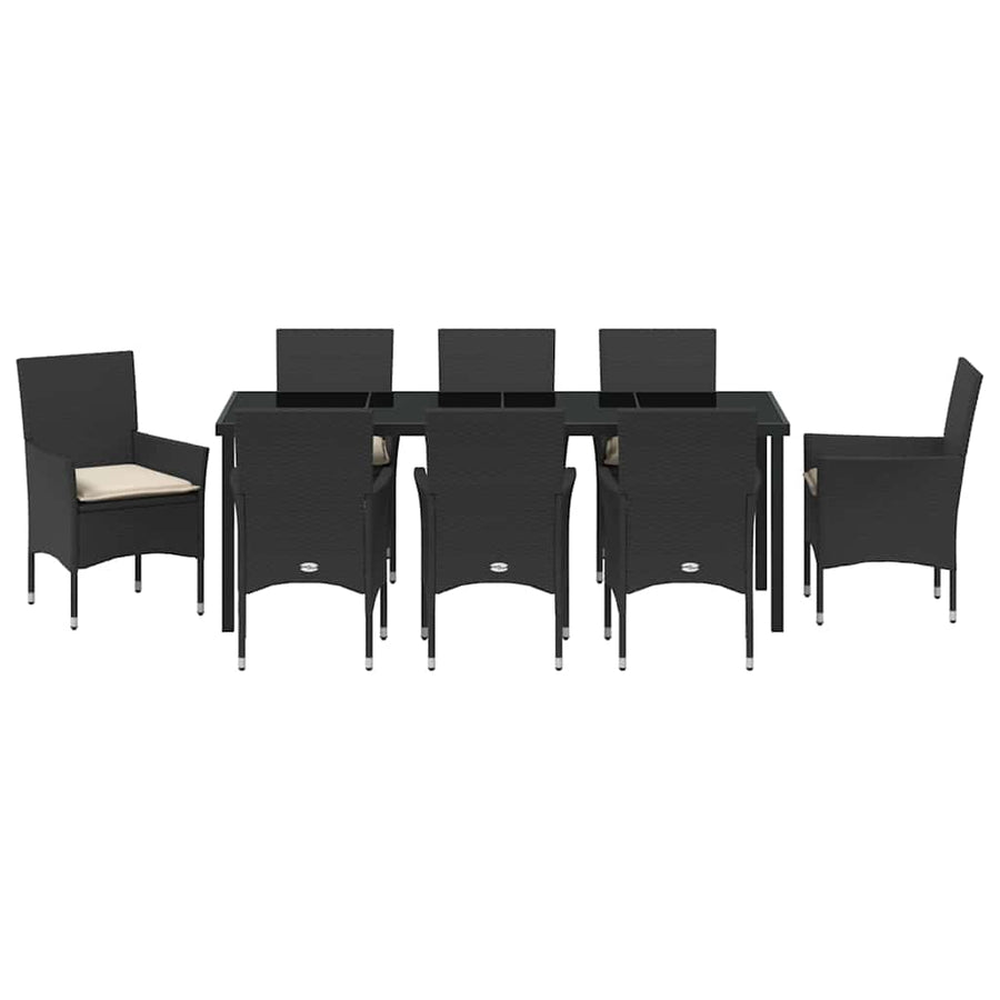 Tuin eettafelset met kussen 9 pcs Zwart poly rattan