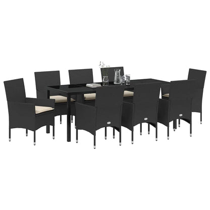 Tuin eettafelset met kussen 9 pcs Zwart poly rattan