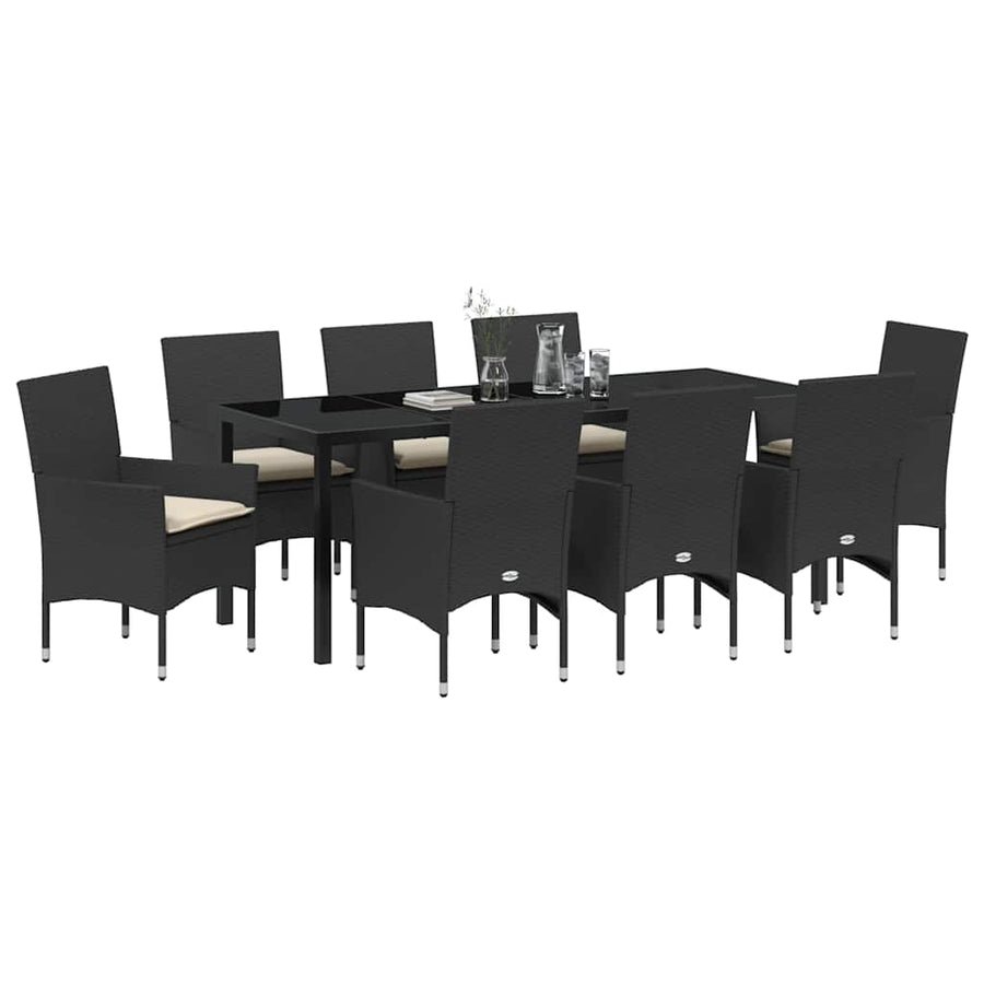 Tuin eettafelset met kussen 9 pcs Zwart poly rattan