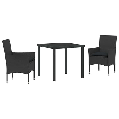 Tuin eettafelset met kussen 3 pcs Zwart poly rattan