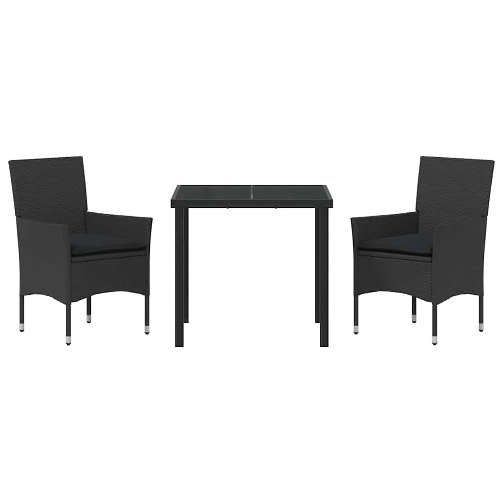 Tuin eettafelset met kussen 3 pcs Zwart poly rattan