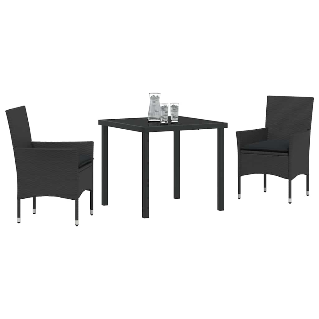 Tuin eettafelset met kussen 3 pcs Zwart poly rattan