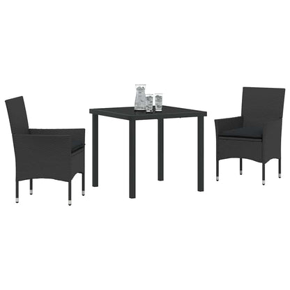 Tuin eettafelset met kussen 3 pcs Zwart poly rattan