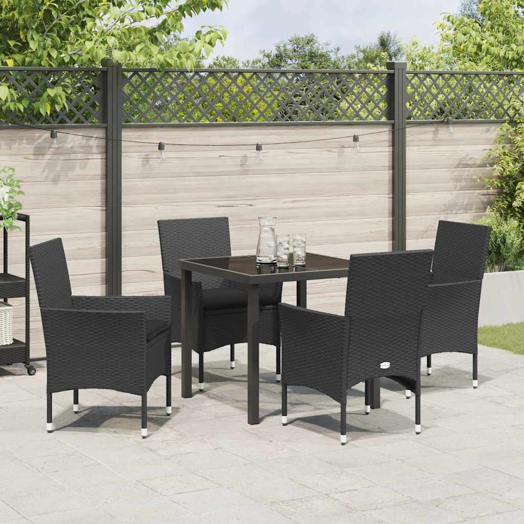 Tuin eettafelset met kussen 5 pcs Zwart poly rattan