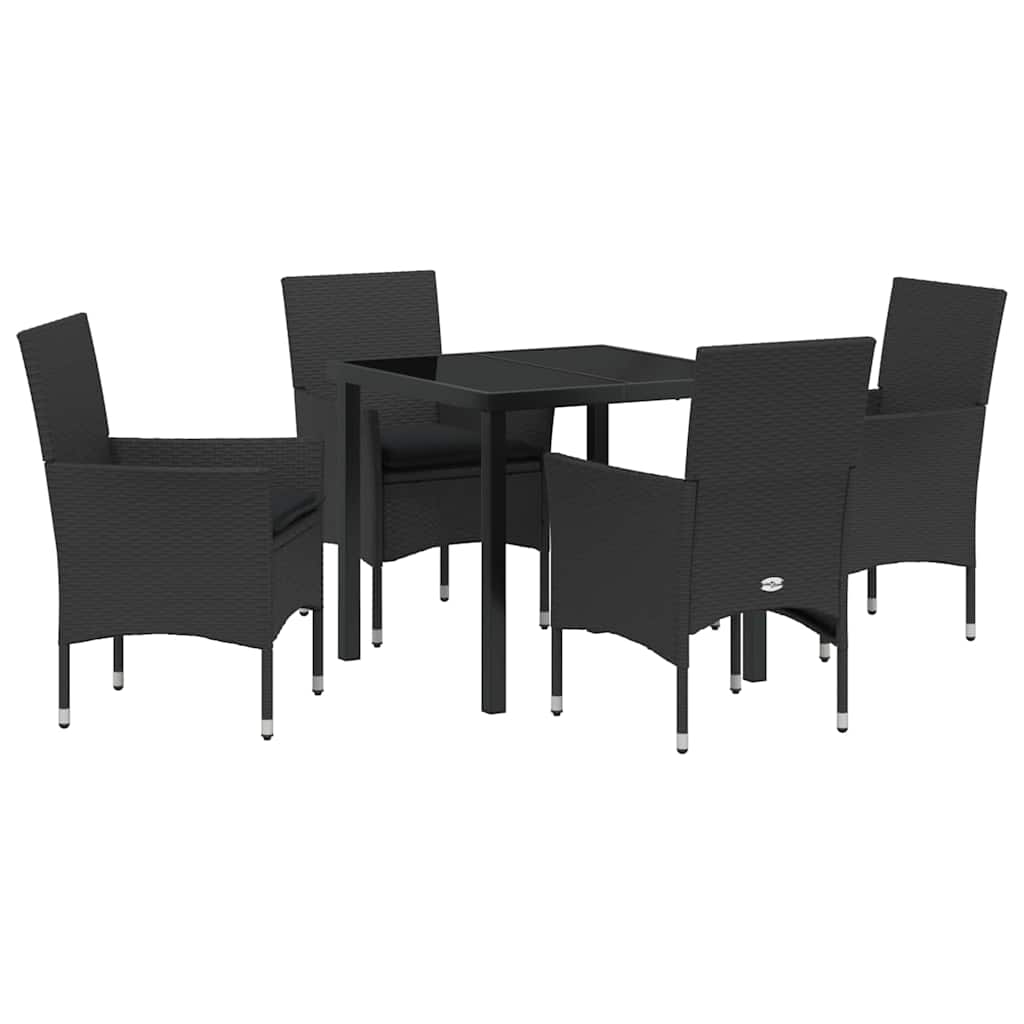 Tuin eettafelset met kussen 5 pcs Zwart poly rattan
