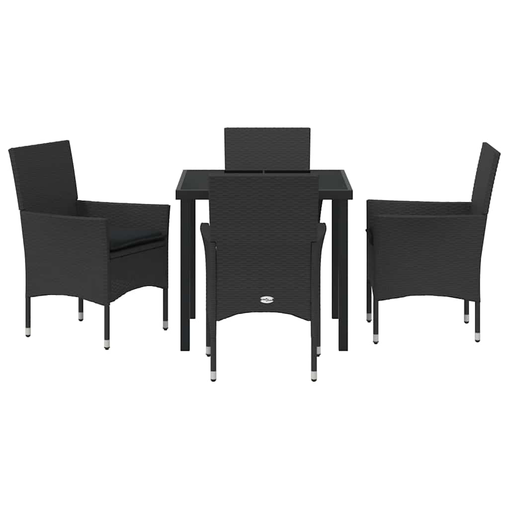 Tuin eettafelset met kussen 5 pcs Zwart poly rattan