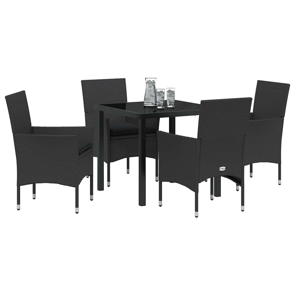 Tuin eettafelset met kussen 5 pcs Zwart poly rattan