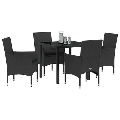 Tuin eettafelset met kussen 5 pcs Zwart poly rattan