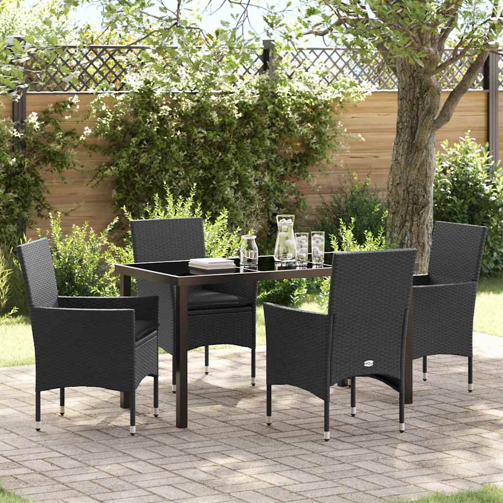 Tuin eettafelset met kussen 5 pcs Zwart poly rattan