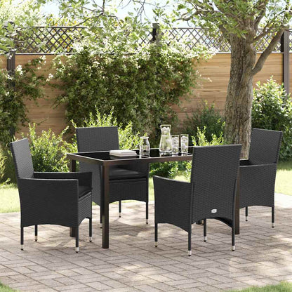 Tuin eettafelset met kussen 5 pcs Zwart poly rattan