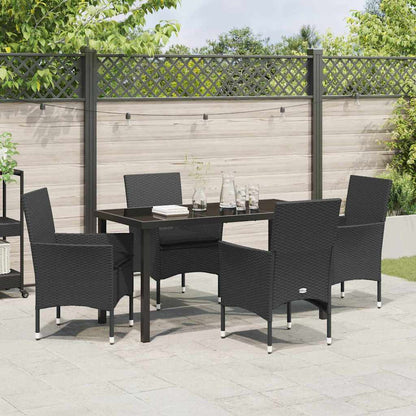 Tuin eettafelset met kussen 5 pcs Zwart poly rattan