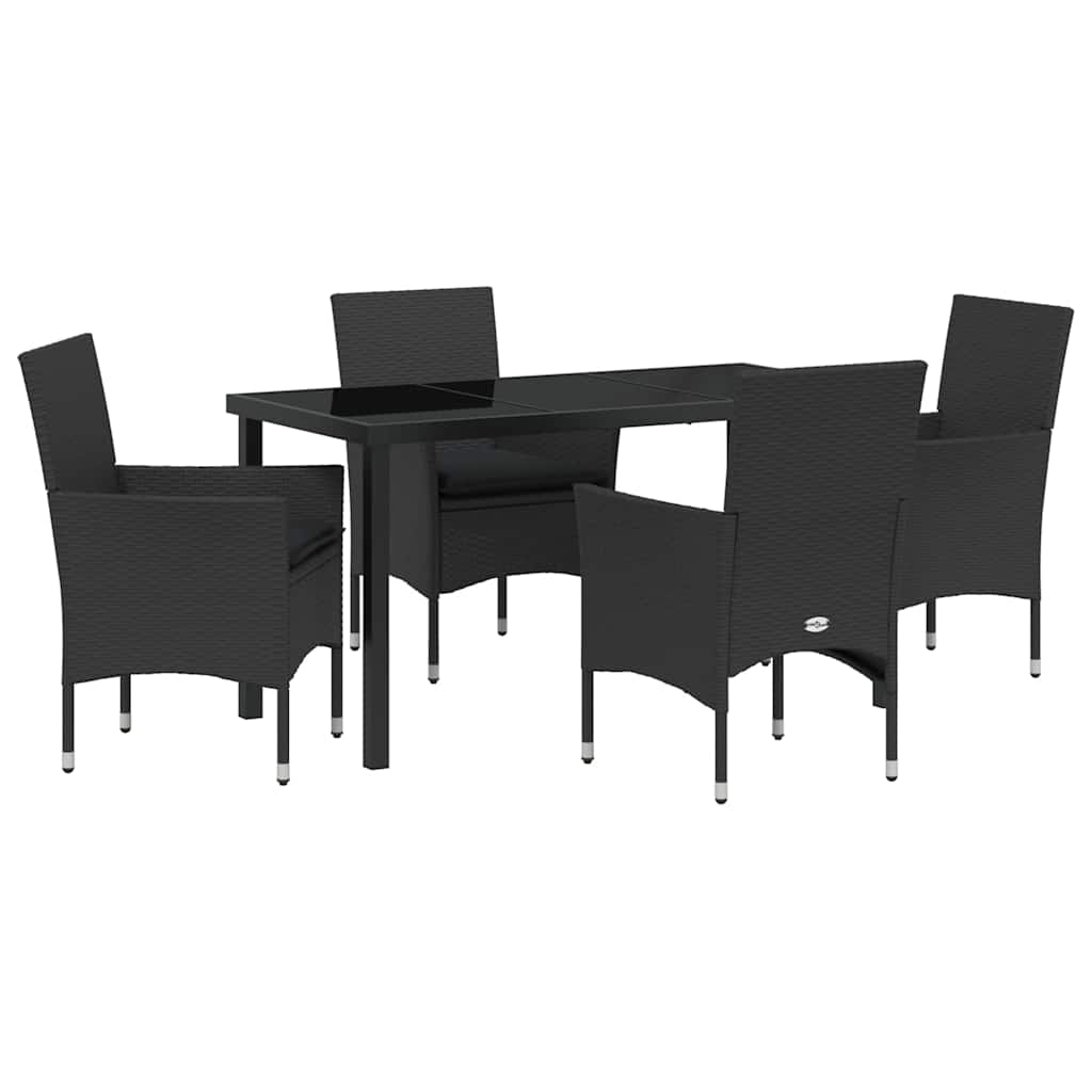 Tuin eettafelset met kussen 5 pcs Zwart poly rattan