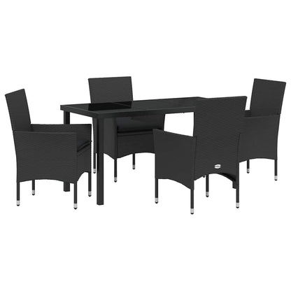 Tuin eettafelset met kussen 5 pcs Zwart poly rattan
