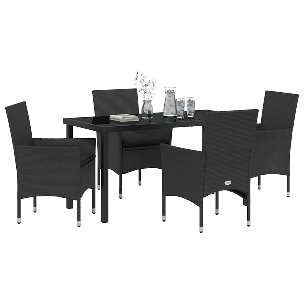 Tuin eettafelset met kussen 5 pcs Zwart poly rattan