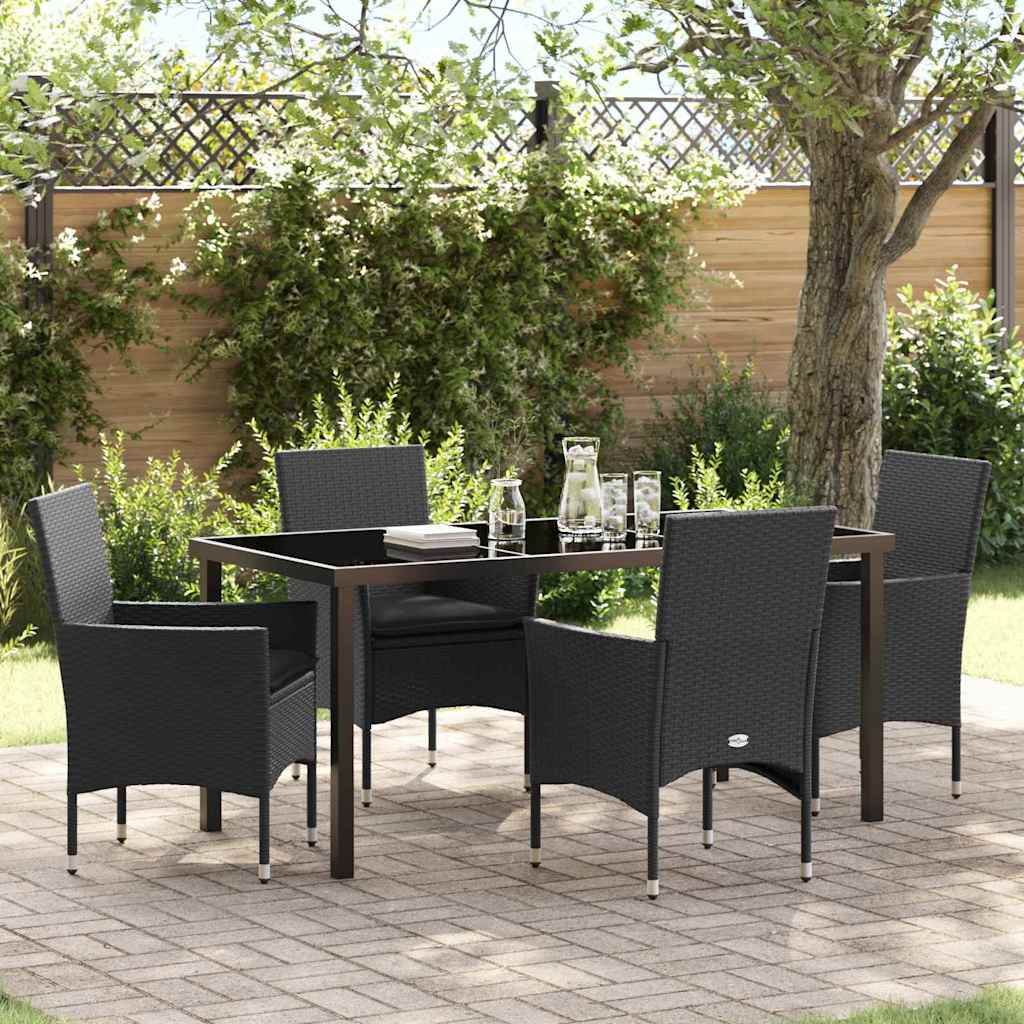 Tuin eettafelset met kussen 5 pcs Zwart poly rattan