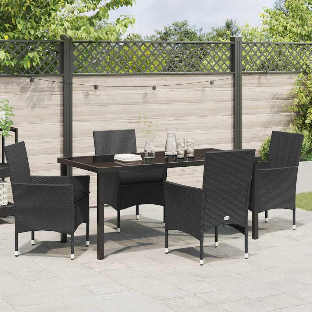 Tuin eettafelset met kussen 5 pcs Zwart poly rattan