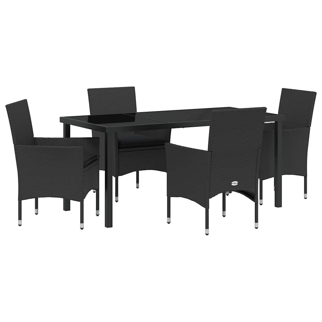 Tuin eettafelset met kussen 5 pcs Zwart poly rattan