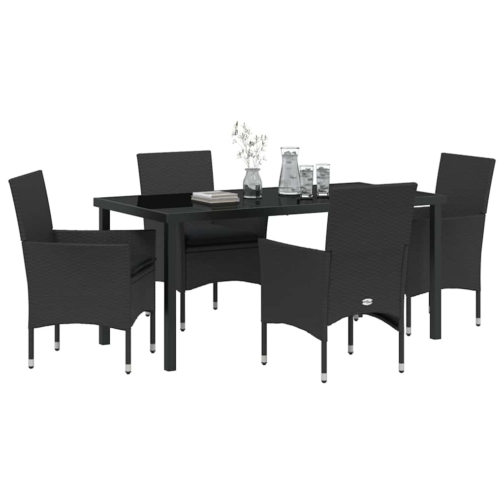 Tuin eettafelset met kussen 5 pcs Zwart poly rattan