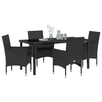 Tuin eettafelset met kussen 5 pcs Zwart poly rattan