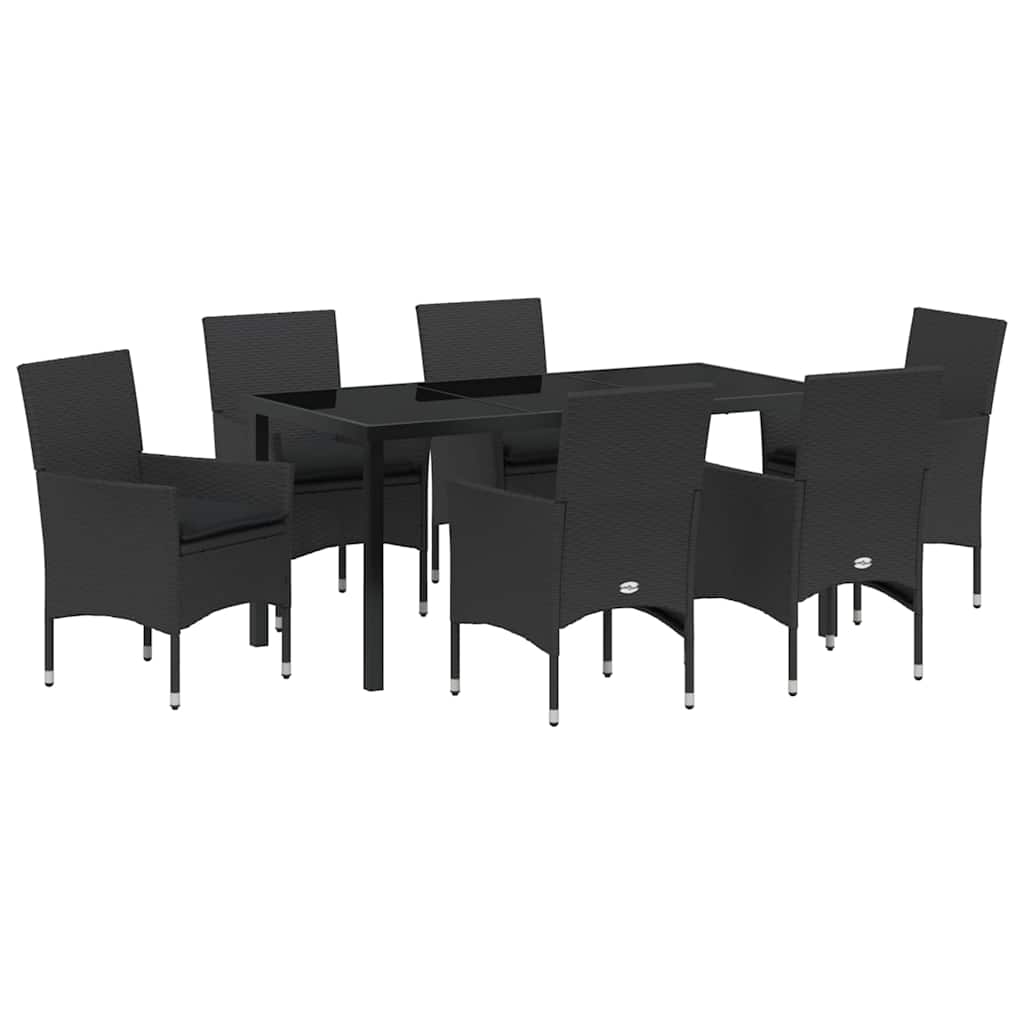 Tuin eettafelset met kussen 7 pcs Zwart poly rattan