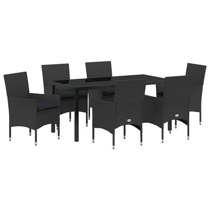 Tuin eettafelset met kussen 7 pcs Zwart poly rattan