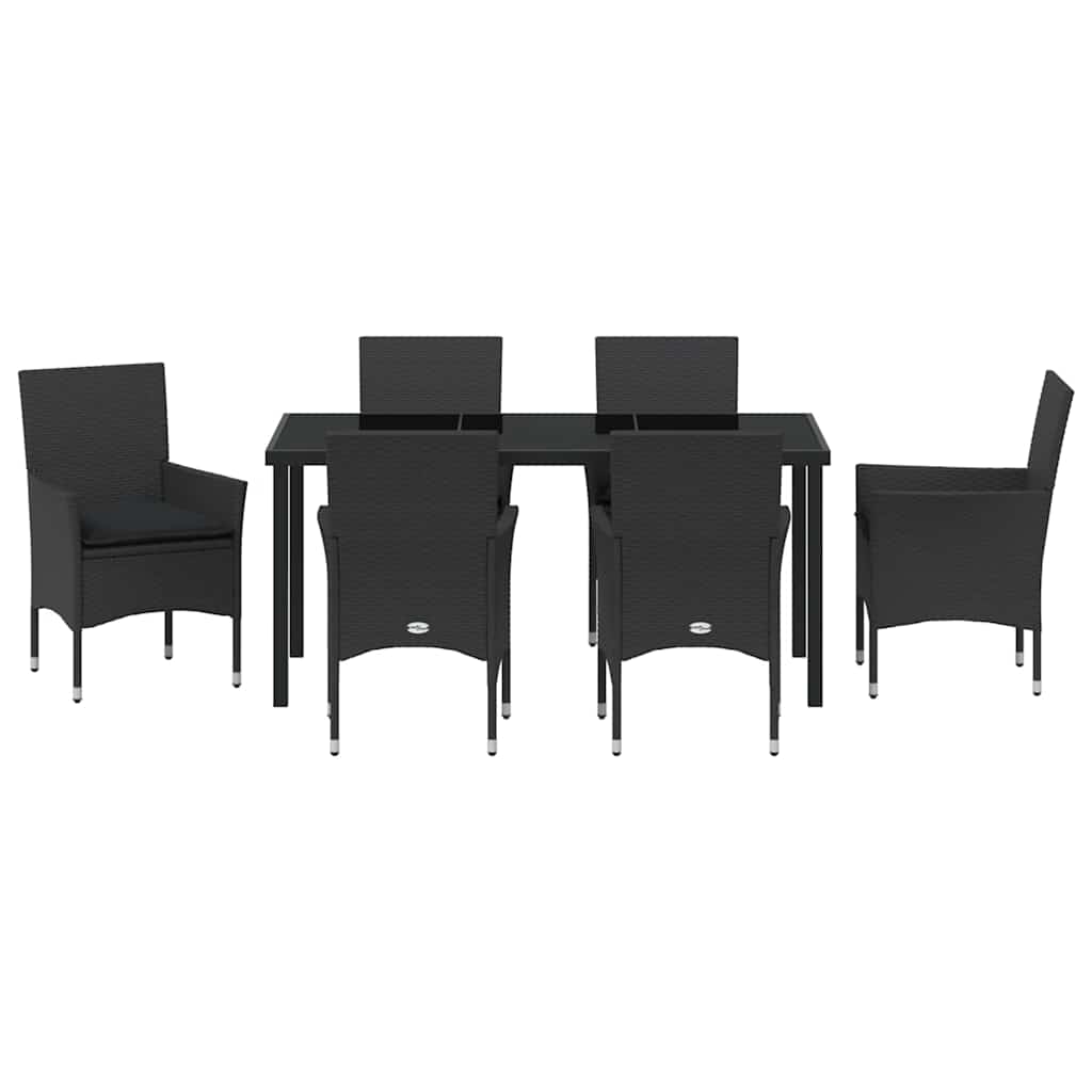 Tuin eettafelset met kussen 7 pcs Zwart poly rattan