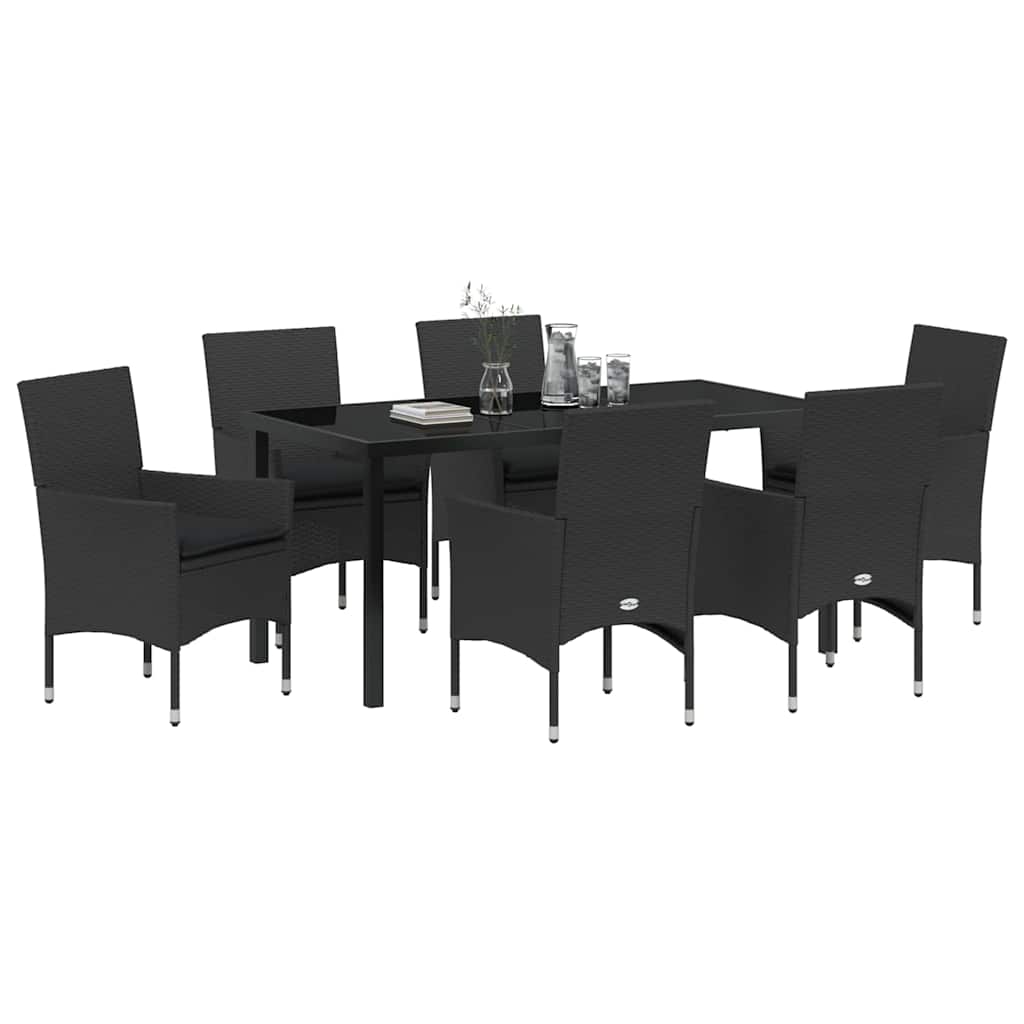 Tuin eettafelset met kussen 7 pcs Zwart poly rattan